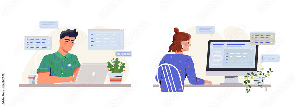 Fototapete Working with databases concept. Man and woman analyze big data or information. Office employees make report using spreadsheets. Cartoon modern flat vector collection isolated on white background