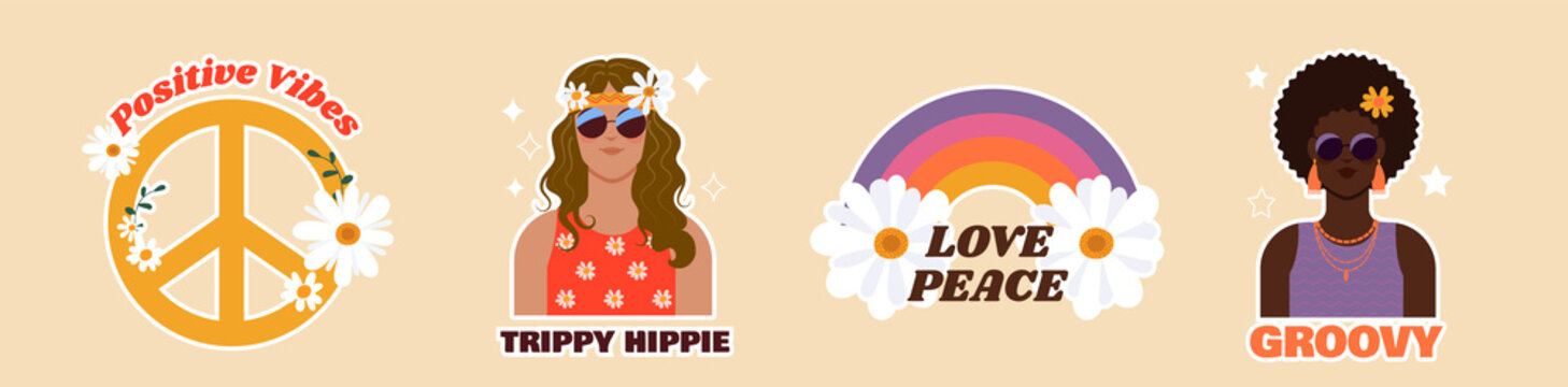 Fototapeta 70s style stickers set. Colorful elements with girls, inscriptions, hipster, flowers and rainbow. Templates for printing on paper or fabric. Cartoon flat vector collection isolated on beige background