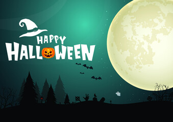 Halloween Pumpkin And Dark Graveyard With Bats Flying On Blue Moon Background Illustration