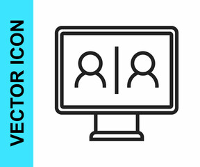 Black line Video chat conference icon isolated on white background. Online meeting work form home. Remote project management. Vector