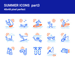 Simple set of related outline three-tone icons on white background for web design. Contains such icons as windsurfer, swimmer, diver, fishing, spinning and more. 48x48 pixel perfect.