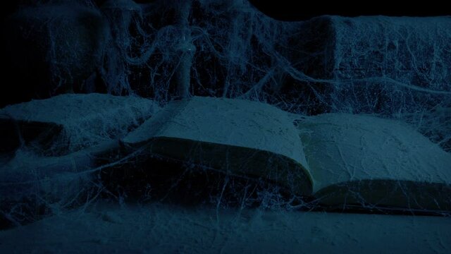 Open Book In Dusty Castle Room In The Dark