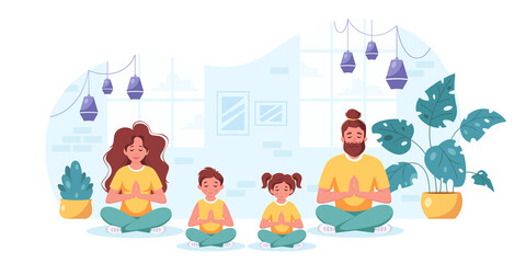 Family doing yoga,  meditation in cozy interior. Family spending time together at home. Vector illustration
