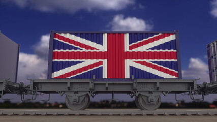 Fototapeta na wymiar Train and containers with the flag of United Kingdom. Railway transportation. 3d rendering