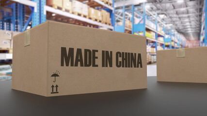 Boxes with MADE IN CHINA text on conveyor. Chinese goods related. 3d rendering