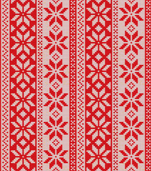 Christmas seamless pattern ornament on the wool knitted texture. Vector illustration in red color