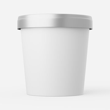 Ice cream tub in white with silver lid on a plain background. 3d render.