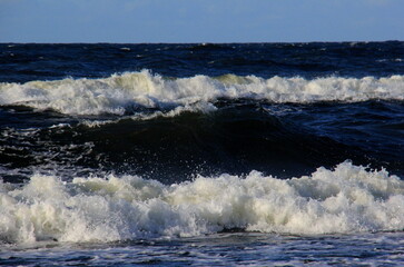 Seascape during a storm with big waves, close-up, Carnikava, Latvia. Big and powerful sea waves during the storm 