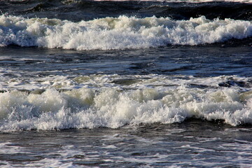 Seascape during a storm with big waves, close-up, Carnikava, Latvia. Big and powerful sea waves during the storm 