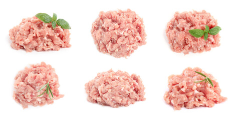 Set with fresh raw chicken minced meat on white background