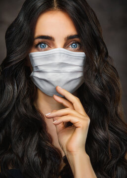  Brunette girl with long and shiny wavy hair, big blue eyes und and breathing mask . Beautiful model with curly hairstyle.