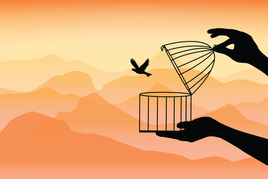 Dream Birds Flying Away, the birds flying out of cage, the birds released from a cage, freedom concept. birds set free illustration.