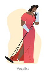 Jazz vocalist concept. Woman in beautiful pink dress holds microphone and sings song. Character with good voice loves blues. Cartoon modern flat vector illustration isolated on white background