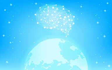 人工知能を使ったグローバルビジネスイメージ、光る脳と地球