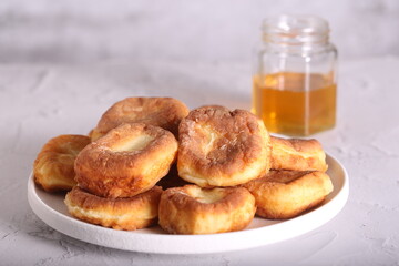 fresh cheesecakes with tea are on the table