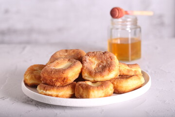 fresh cheesecakes with tea are on the table