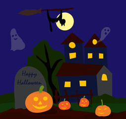 Halloween poster with dark ghosts house and pumpkins