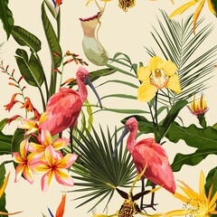 Birds Scarlet Ibis in the thickets of a flowering rainforest. Hand drown  illustration. Tropical yellow exotic flowers. Bird of Paradise Background.