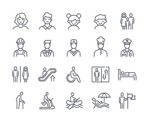 Fototapeta premium Set of icons with people. Minimalistic stickers with children, adult, people with disabilities and professions. Design elements for web. Cartoon flat vector collection isolated on white background