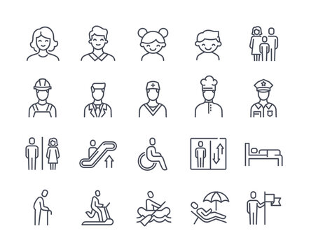 Set of icons with people. Minimalistic stickers with children, adult, people with disabilities and professions. Design elements for web. Cartoon flat vector collection isolated on white background