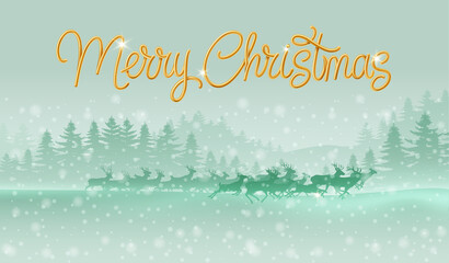 Merry Christmas and Happy New Year Greeting Card, Poster Running Deers Against the Winter Forest
