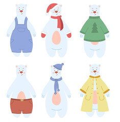 Set of cute white bears in the various clothes. Winter Character for kids.