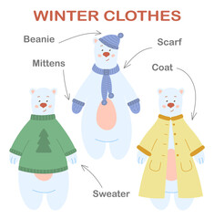 Winter clothing education poster. Cute polar bear in various clothes with English words.