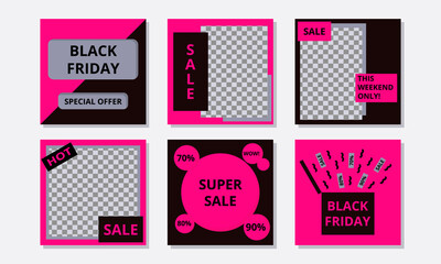 Naklejka premium Set of editable square templates for black friday sale for social media post.