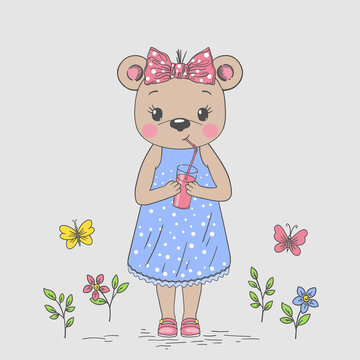 Cute little bear girl drinking pink juice, flowers, butterfly. Cartoon illustration for t-shirt graphics, fashion prints, posters and other uses