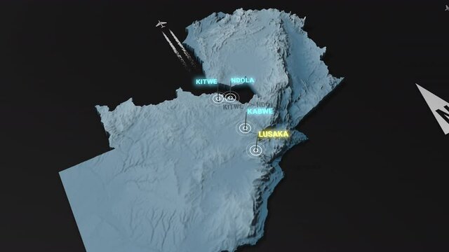 Seamless looping animation of the 3d terrain map at nighttime of Zambia with the capital and the biggest cites in 4K resolution