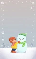 雪だるまを作る男の子と雪景色のフレーム