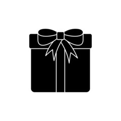 gift icon, box tied with ribbon with bow, black outline isolated on white background, vector illustration
