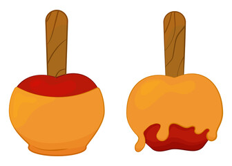 Two caramelized red apple fruit isolated on white. Cartoon outline  vector illustration.