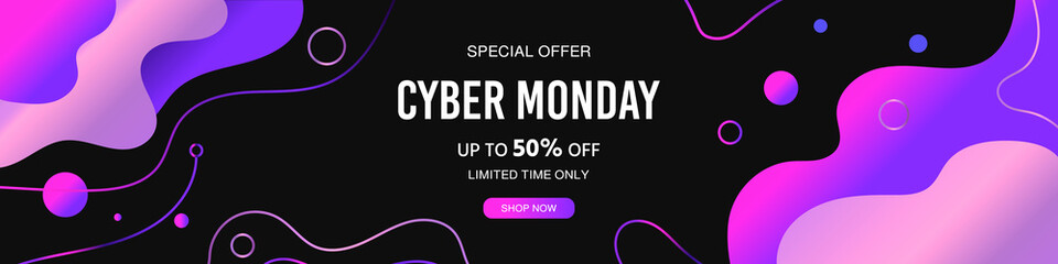 Modern background with abstract flowing dynamic elements and geometric shapes. Cyber Monday sale discount. Final sale up to 50% off. Special offer. Banner, vector illustration.
