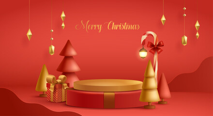 3D illustration of Christmas red and golden theme product display background with Christmas festive decoration and podium.