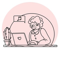 Vector illustration. A happy grandmother is sitting at home on a computer
