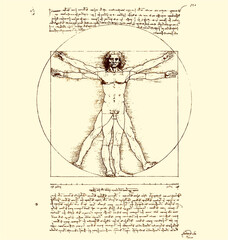 Leonardo Da Vinci Vitruvian Man sketch page - obrazy, fototapety, plakaty