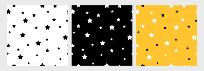 Irregular modern star shapes seamless pattern in three different colours Scandinavian style vector illustration for nursery decor and baby apparel.