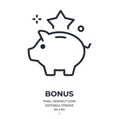 Piggy bank and falling stars as bonus or reward concept editable stroke outline icon isolated on white background flat vector illustration. Pixel perfect. 64 x 64.