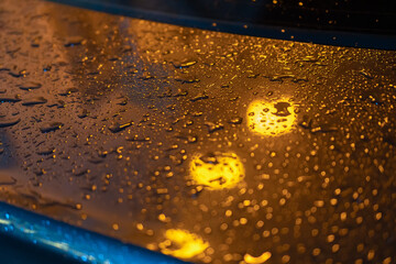 Close-up of a raindrop on the trunk lid of a car at night in the light of yellow lanterns
