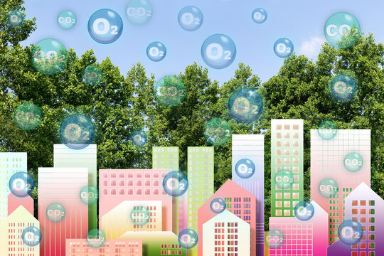 Trees canopy and cityscape with oxygen O2 and carbon dioxide CO2 molecules - Carbon dioxide absorption and oxygen release to improve air quality in cities - concept image