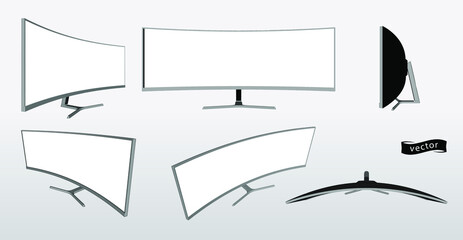 Smart Tv Curved 3d realistic mockup. Smart Tv Curved frame with blank display templates, different angles views. Vector. EPS 10.