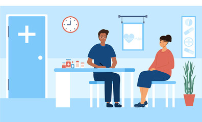 Doctor examining patient. Doctor talks to visitor, learns symptoms, performs diagnostics and prescribes treatment. Personal consultation with therapist at clinic. Cartoon flat vector illustration