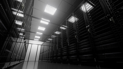 Server racks in computer network security server room data center. Backup, mining, hosting, mainframe, farm, cloud and computer rack with storage information. 3D rendering
