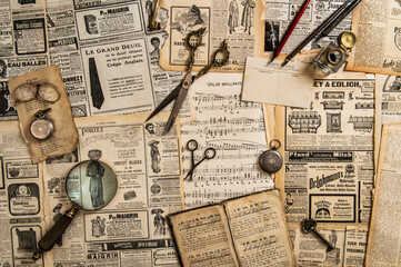 Old newspaper magazine vintage accessories writing tools flat lay