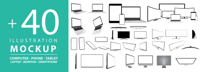 Mockup set. Realistic Vector Mobile Phone, Smart Phone, Digital Tablet, Laptop and Computer Monitor. Modern Digital Devices.