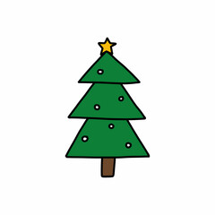 christmas tree doodle icon, vector color line illustration