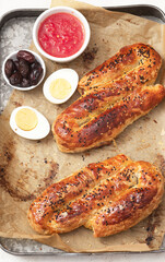 Homemade burek with cheese and spinach. Mediterranean breakfast