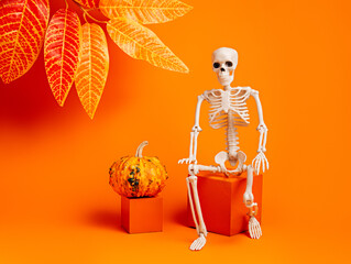 Human skeleton sitting on the cube, with pumpkin and fall leaves on vibrant orange background. Creative Halloween concept. Minimal spooky or scary wallpaper. 31th October party invitation card.
