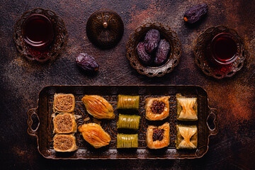 Traditional turkish, arabic sweets baklava assortment.